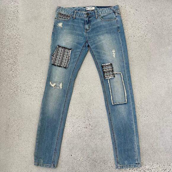 Free People Distressed Skinny Jeans with Baja / Aztec Patches - Picture 1 of 7